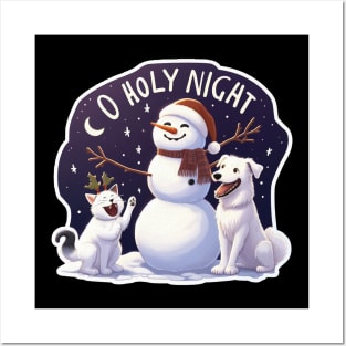 O Holy Night White Cat Dog Snowman Posters and Art